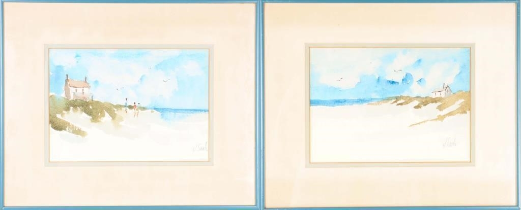 Artwork by Jean Lay Sauls, Beach scene with people and a house, Made of Watercolors