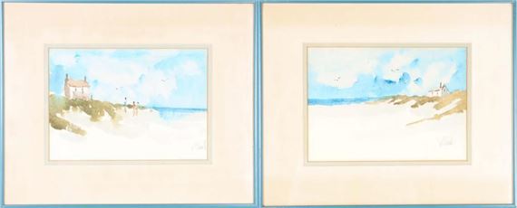 Beach scene with people and a house - Jean Lay Sauls