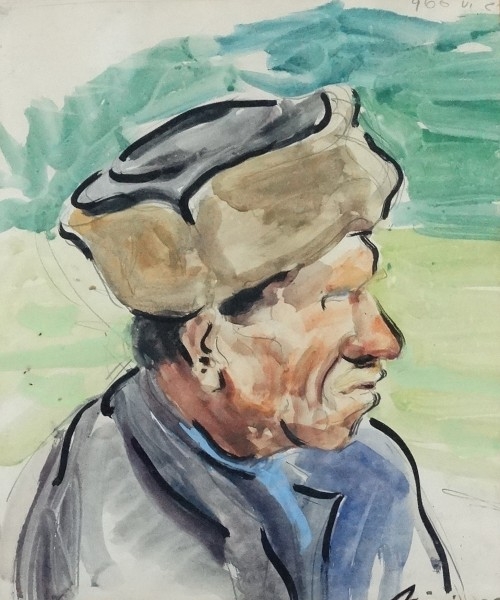 Artwork by Margit Móricz, Kucsmás férfi, Made of paper, pencil, watercolor