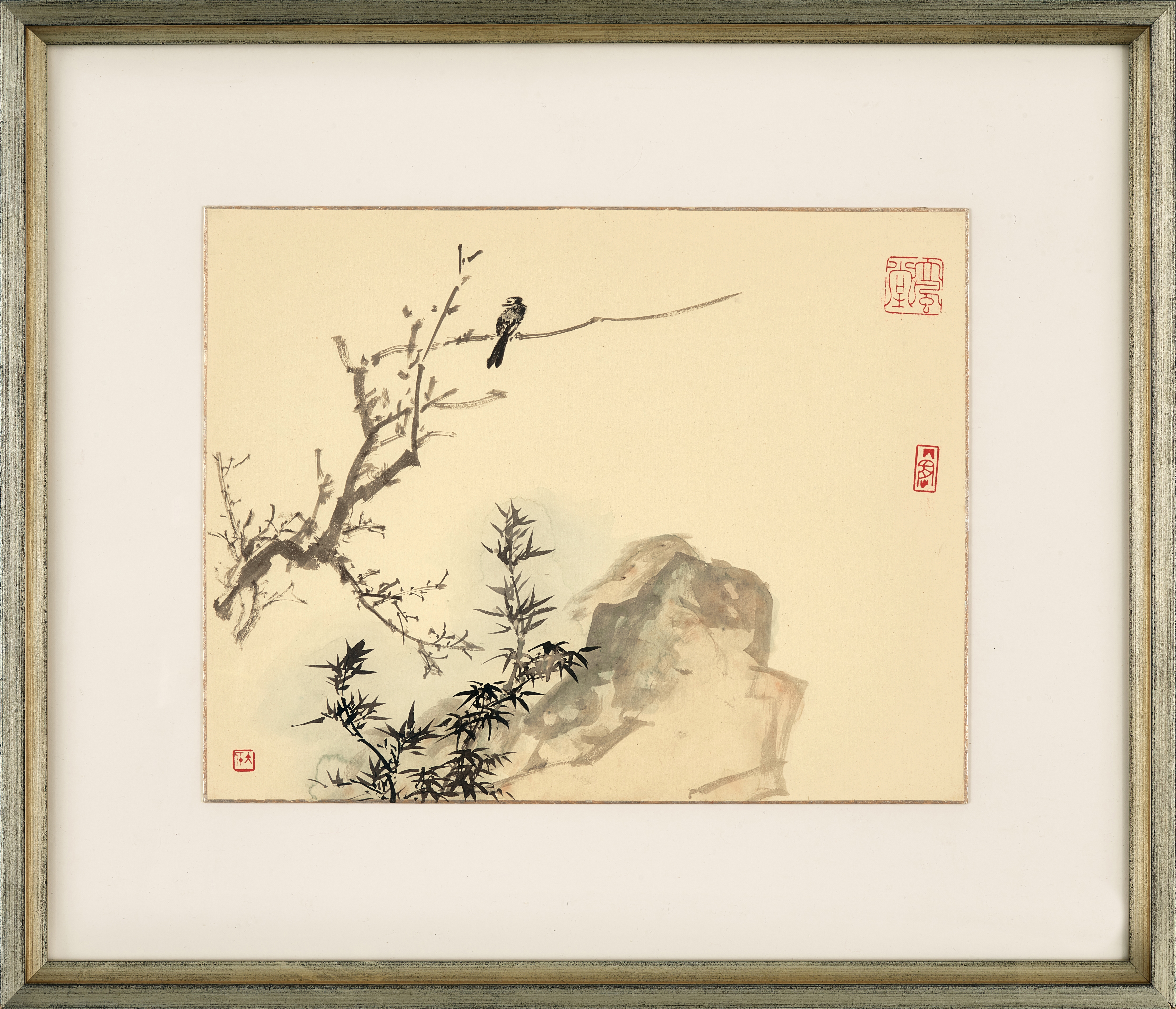 Artwork by Zhang Daqian, Bird Perching on Branch, Made of ink and colour on cardboard