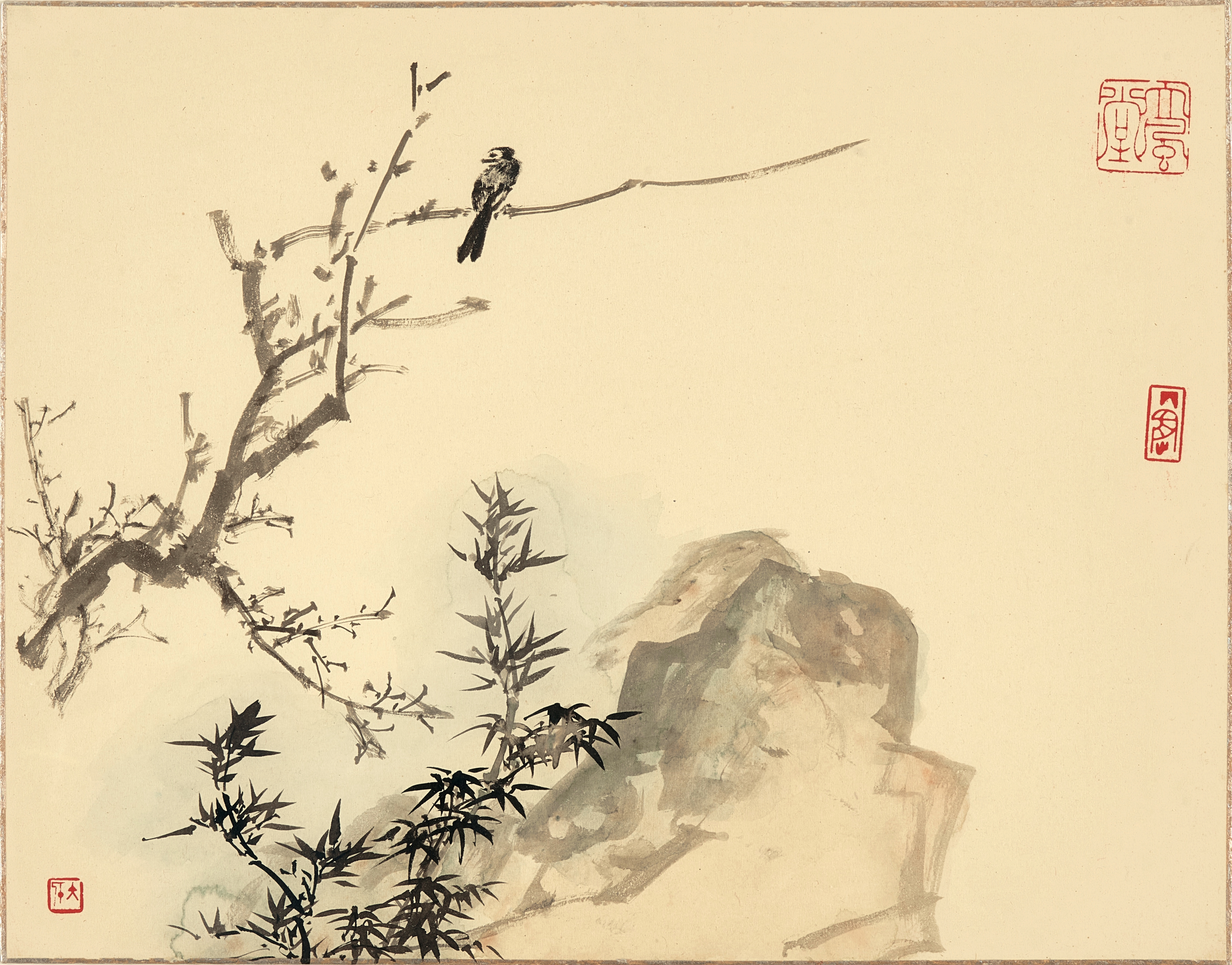 Artwork by Zhang Daqian, Bird Perching on Branch, Made of ink and colour on cardboard