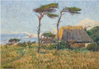 Sommerlandschaft mit reetgedeckter Hütte und Windflüchtern - Kurt Fiedler