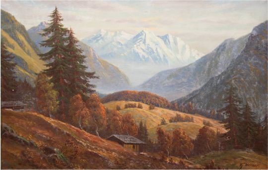 Herbstliche Gebirgslandschaft, im Hintergrund Alpengipfel by Theodor Werner