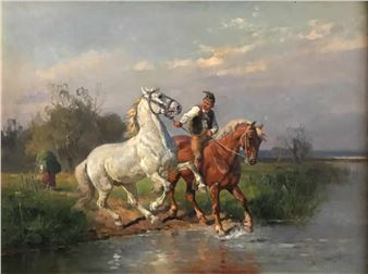 Stallbursche mit zwei Pferden in ein Gewässer reitend - Louis Braun