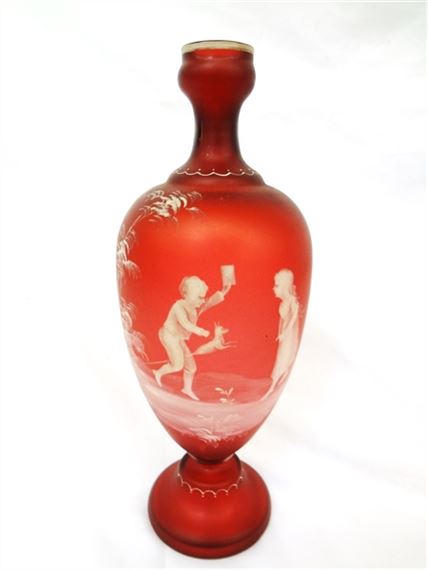 Antique Mary Gregory Glass Cranberry Matte tall Gold Edge Vase: Measuring 13.25" tall by Mary Gregory