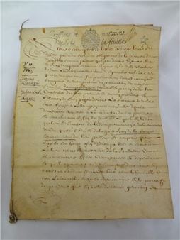 17th Century French Document 1683 from City of Caen on Skin: Fresh blue star mark. Great large Revenue of Caen. Speaks of Jean de la Roque. Measures 10.5 x 8 Piece is in excellent condition - Jean de la Roque