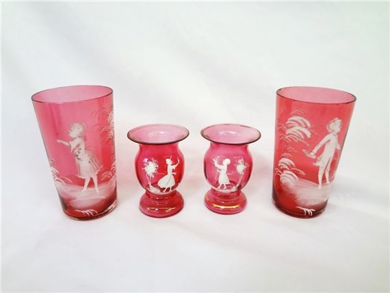 Antique Mary Gregory Glass Two Pairs of Cups: In cranberry by Mary Gregory