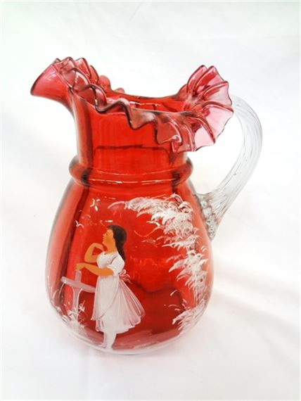 Antique Mary Gregory Glass Ruffled Edge Pitcher: Measures 9.5" tall by Mary Gregory