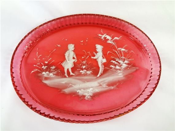 Antique Mary Gregory Glass Fluted Serving Tray: Lovely tray measuring 10.75 x 8" and 1" tall. Ruffled edge with boy and girl detail. No condition issues