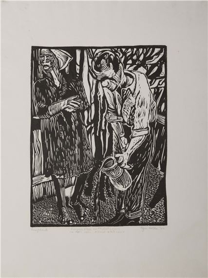 A black and white woodcut print depicting a man pouring water while a woman watches.