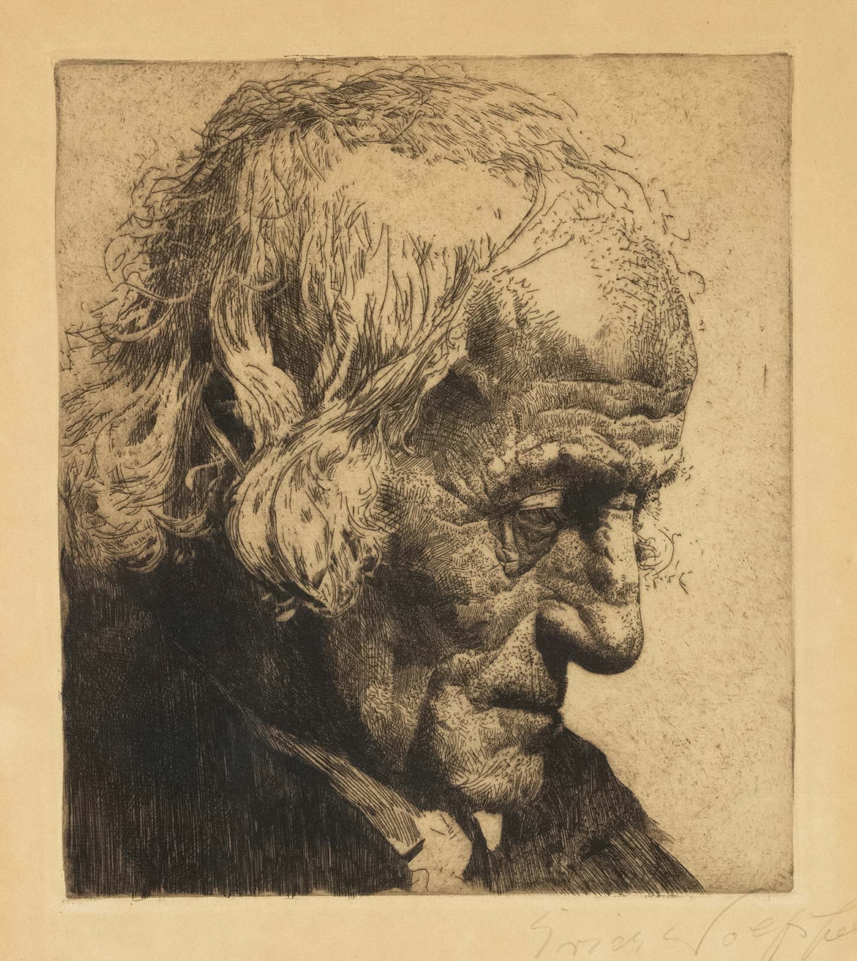 Artwork by Erich Wolfsfeld, Head of an old man in profile, Made of etching
