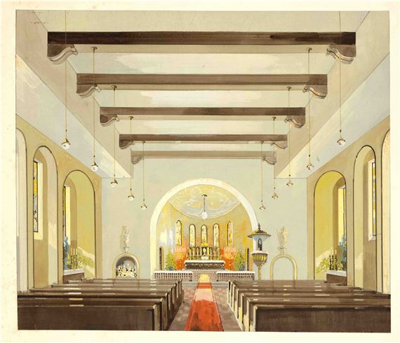 Designs for church interiors, half-timbered house and wall unit, landscapes, coast near Thorshavn, village in the Vosges by Jean Hanselmann