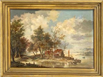 Landscape idyll on the lakeside with rich staffage in the style of the old Dutch - Richard Holst