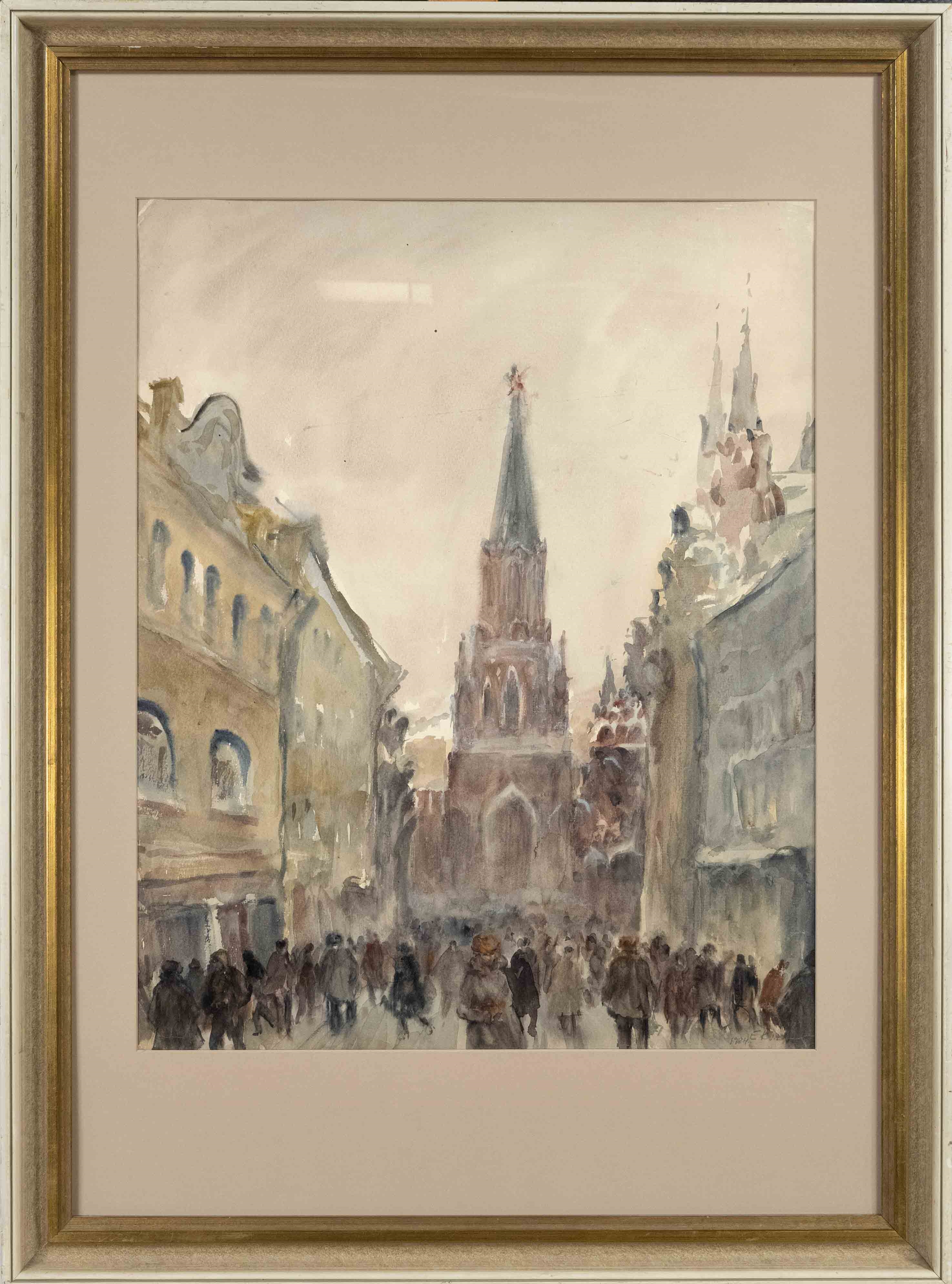 Artwork by Elisabeth Kluchevskaya, Moscow view of a busy street leading to a church, Made of watercolour on paper