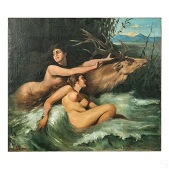A Figural Art study in the French Neoclassical style of two nude women and a large elk, being swept up in a violent current. - Pierre Lagarde