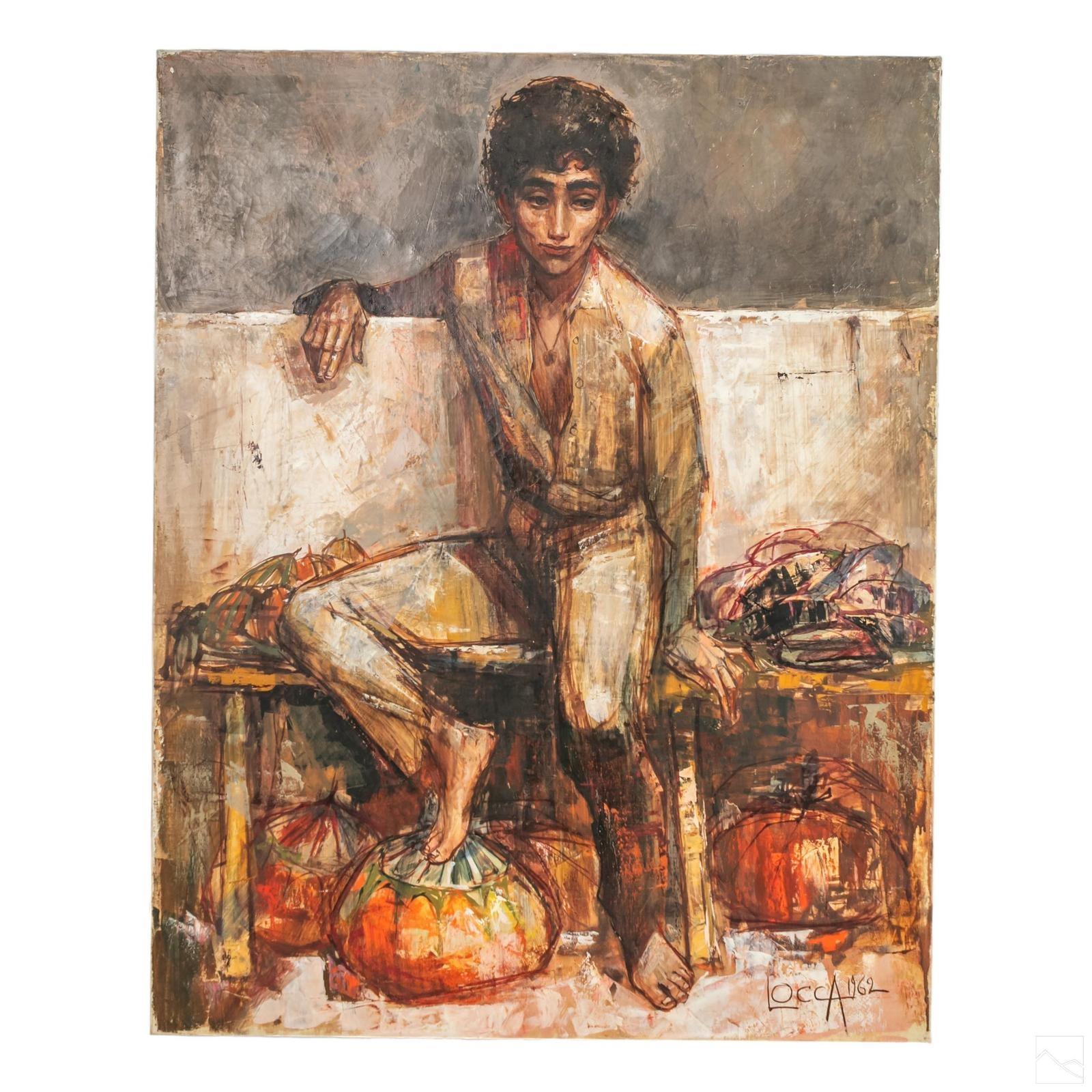 Bernard Locca A portrait of a young seated French boy with gourds and