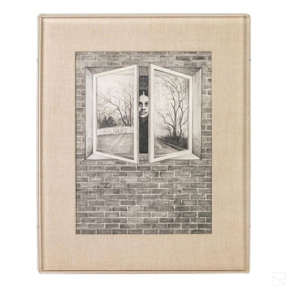 An Expressionist study of a woman standing at a window, with a reflection of a somber exterior landscape scene by Joe Rose, 76