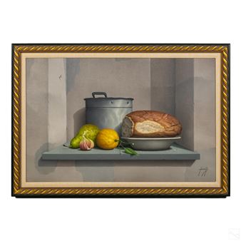 A still life scene with orange, pear, garlic, bread, and cooking pot. - Domenico Luciani