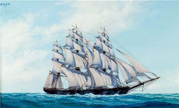 A majestic sailing ship navigating through choppy seas under a bright sky.