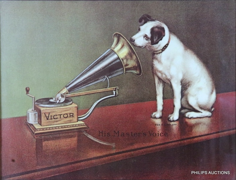A FRAMED HIS MASTER'S VOICE ADVERTISING POSTER - Francis James Barraud