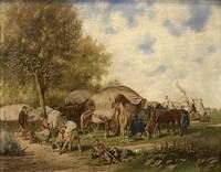 Rastende Soldaten in einem sommerlichen Feldlager neben ihren Zelten by Franz Quaglio, 1899