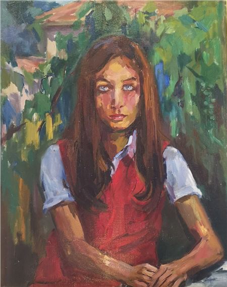 Jeune fille à la robe rouge devant la maison by Bob Ten Hoope
