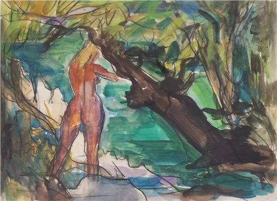 Nu au bord de la rivière dans un sous bois