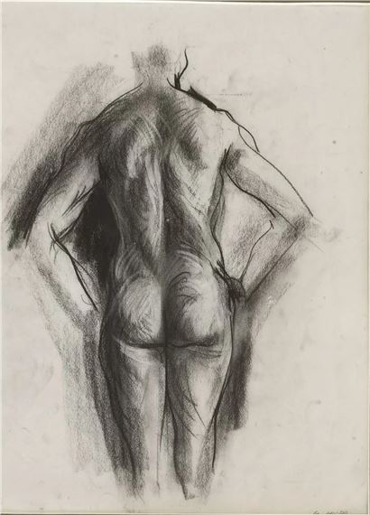 Nu de dos. Fusain et craie blanche