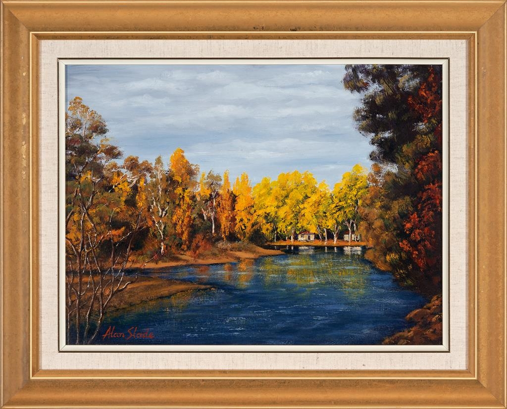 Artwork by Alan Slade, River Reflections, Tumut, Made of oil on board