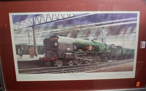 Artwork by J E Wigston, Assorted railway pictures and prints to include; J E Wigston - Canadian Pacific signed lithograph (6), Made of prints