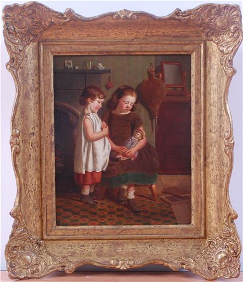 - Interior scene of children nursing a doll by William Hemsley