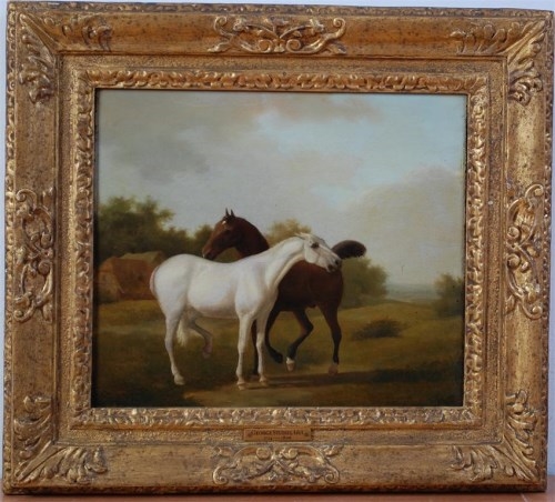 - Two horses in a field with thatched barn beyond by George Stubbs