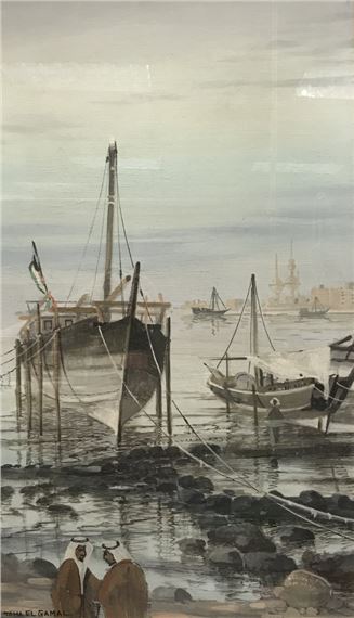 Fishing Boats on Shoreline with Figures in Foreground - Taha El Gamal