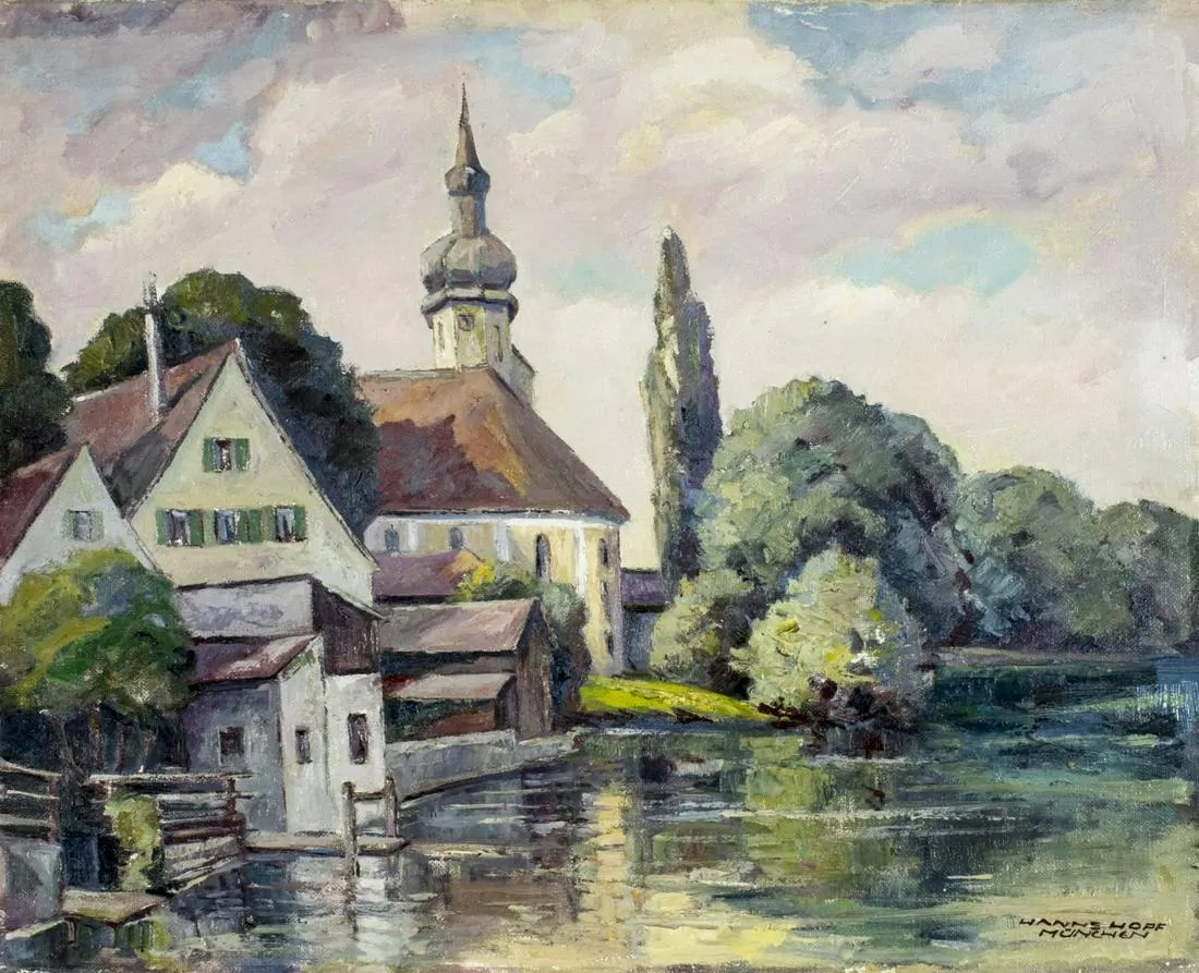 Artwork by Hanns Hopf, Cityscape, Furstenfeldbruck, Germany, Made of oil on canvas board