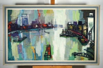 Artwork by Paul Löffler, View of the Rheinhafen Ludwigshafen-Mannheim, Made of oil/canvas