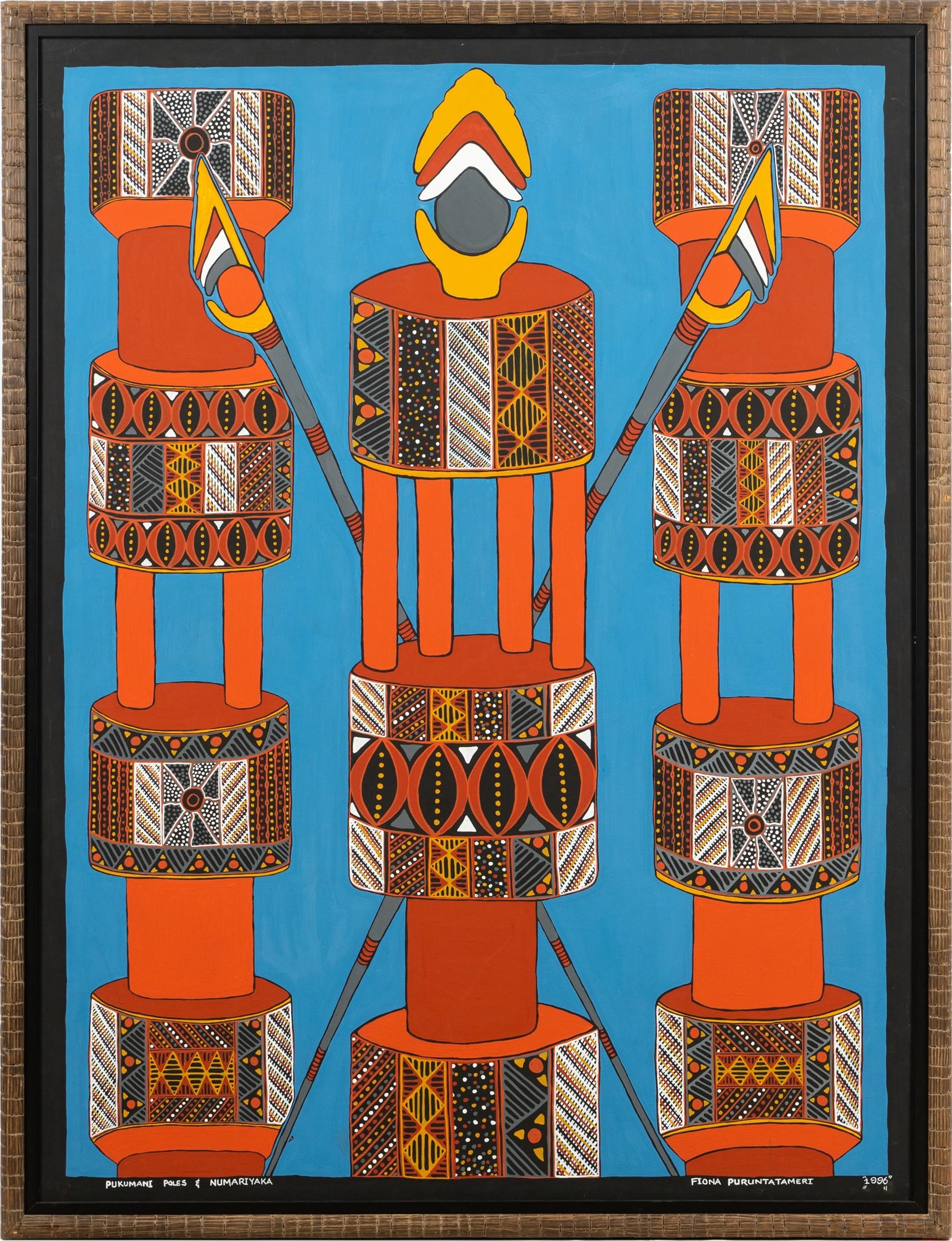 Artwork by Fiona Puruntatameri, Pukamani Poles & Numariyaka, Made of Acrylic on canvas