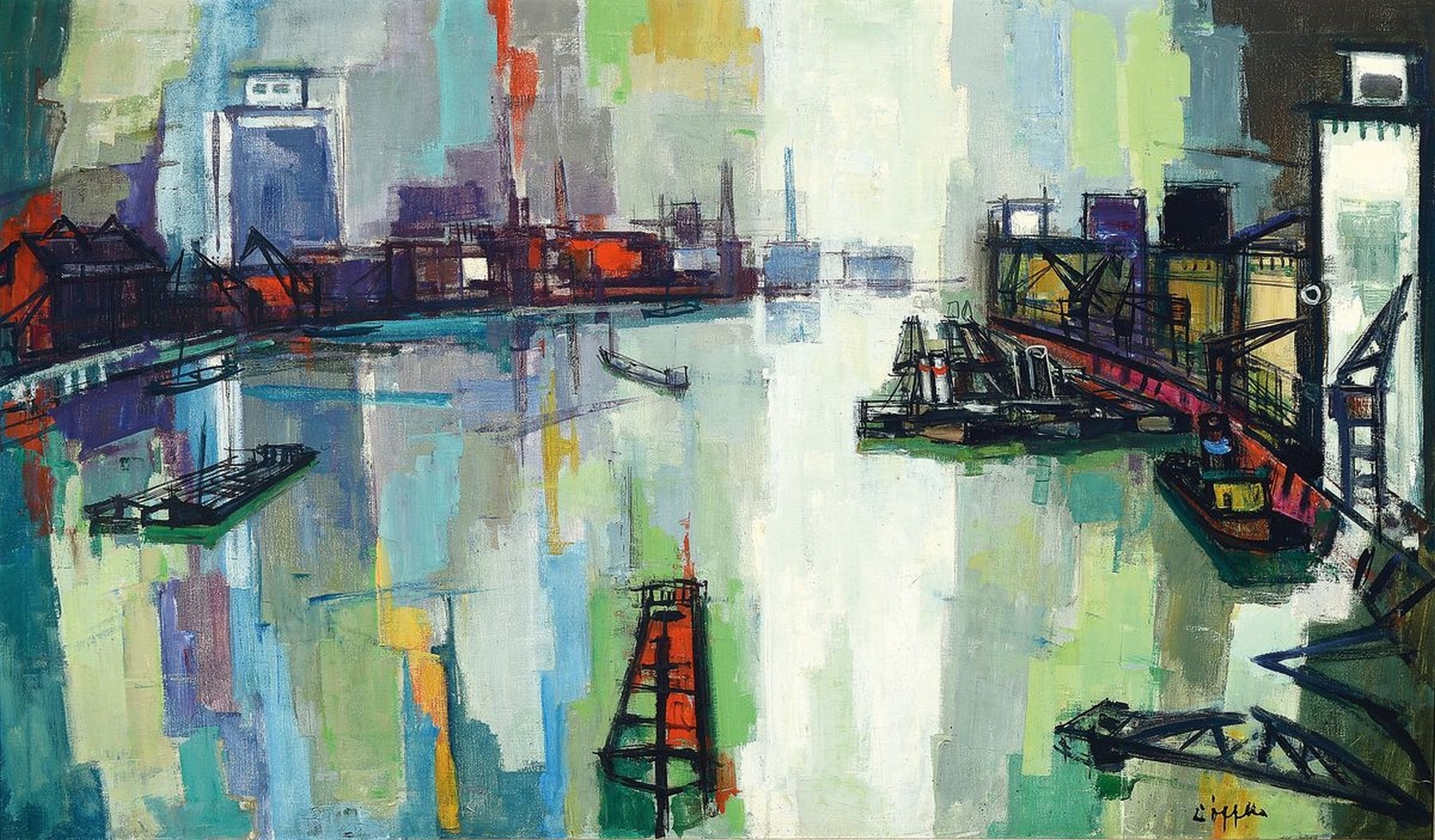 Artwork by Paul Löffler, View of the Rheinhafen Ludwigshafen-Mannheim, Made of oil/canvas