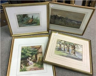 Orchard scene with cottages in foreground - Frank D. Harrington