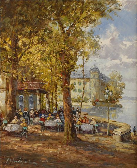 A sun-drenched riverside café scene filled with figures dining under autumn trees.