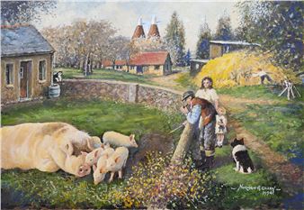 Contentment' (Kent Farm Scene with Pig, Family and Collie Dog) - Norman A. Olley