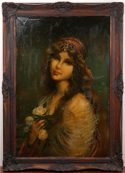 Half Length Portrait of a Romany Woman wearing a Headscarf and holding Roses by Continental School, 20th Century, late 20th century