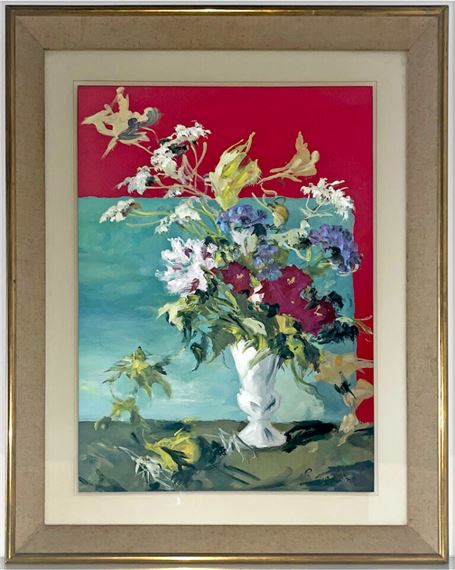 Still life with flowers in front of red wall by Dimitri‏ Dmitriévitch Bouchène 
