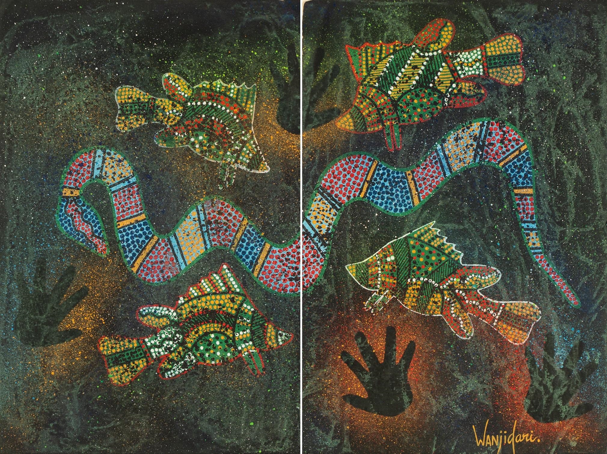 Leanne Reid Wanjidari | Dyptich of Fish, Dreamtime Serpent and Hands ...