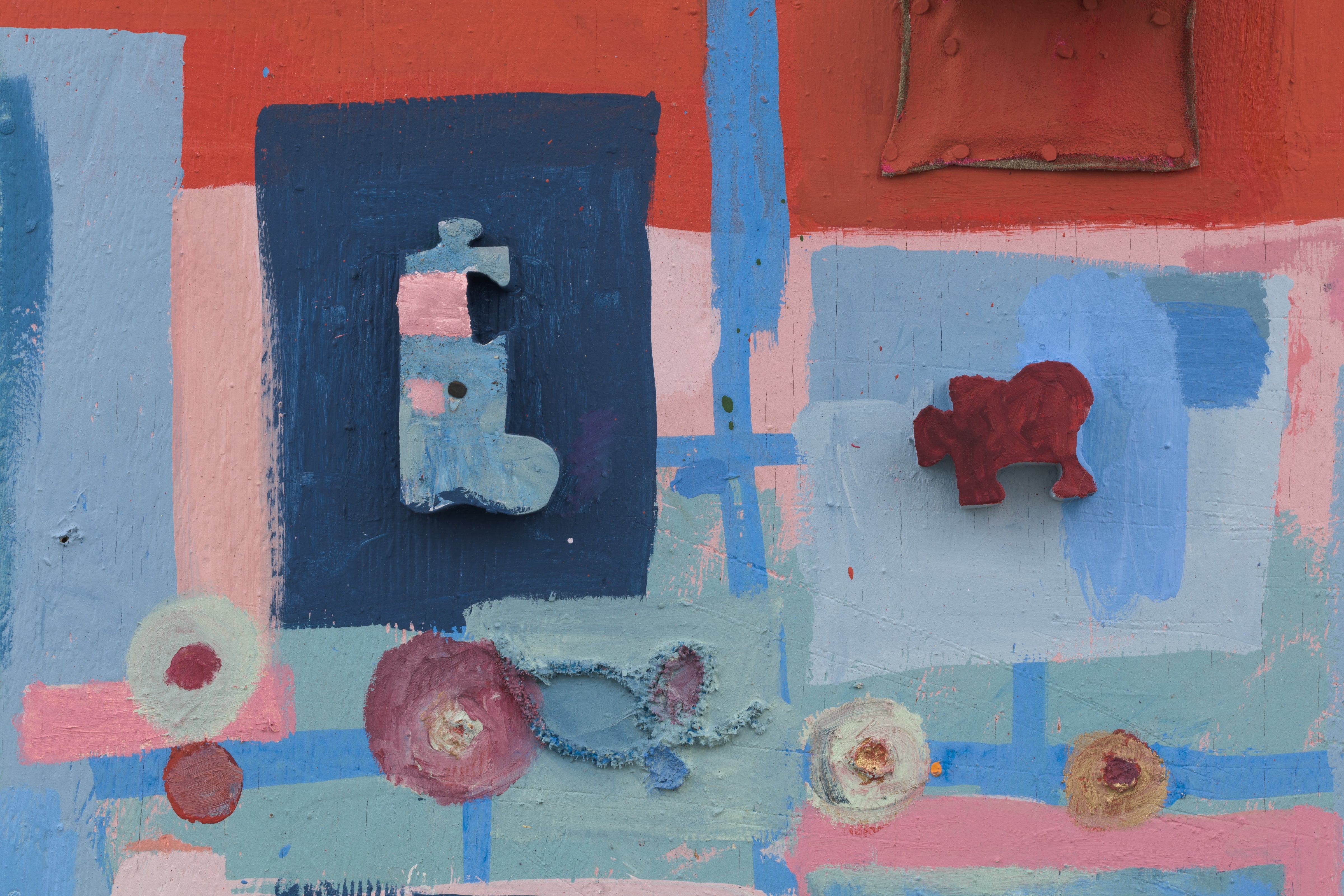 Artwork by Daisy May Sheff, Handlickers From Way Back, Made of Oil on wood panel, suede, pipe cleaners, wood, clay, nails, metal brackets