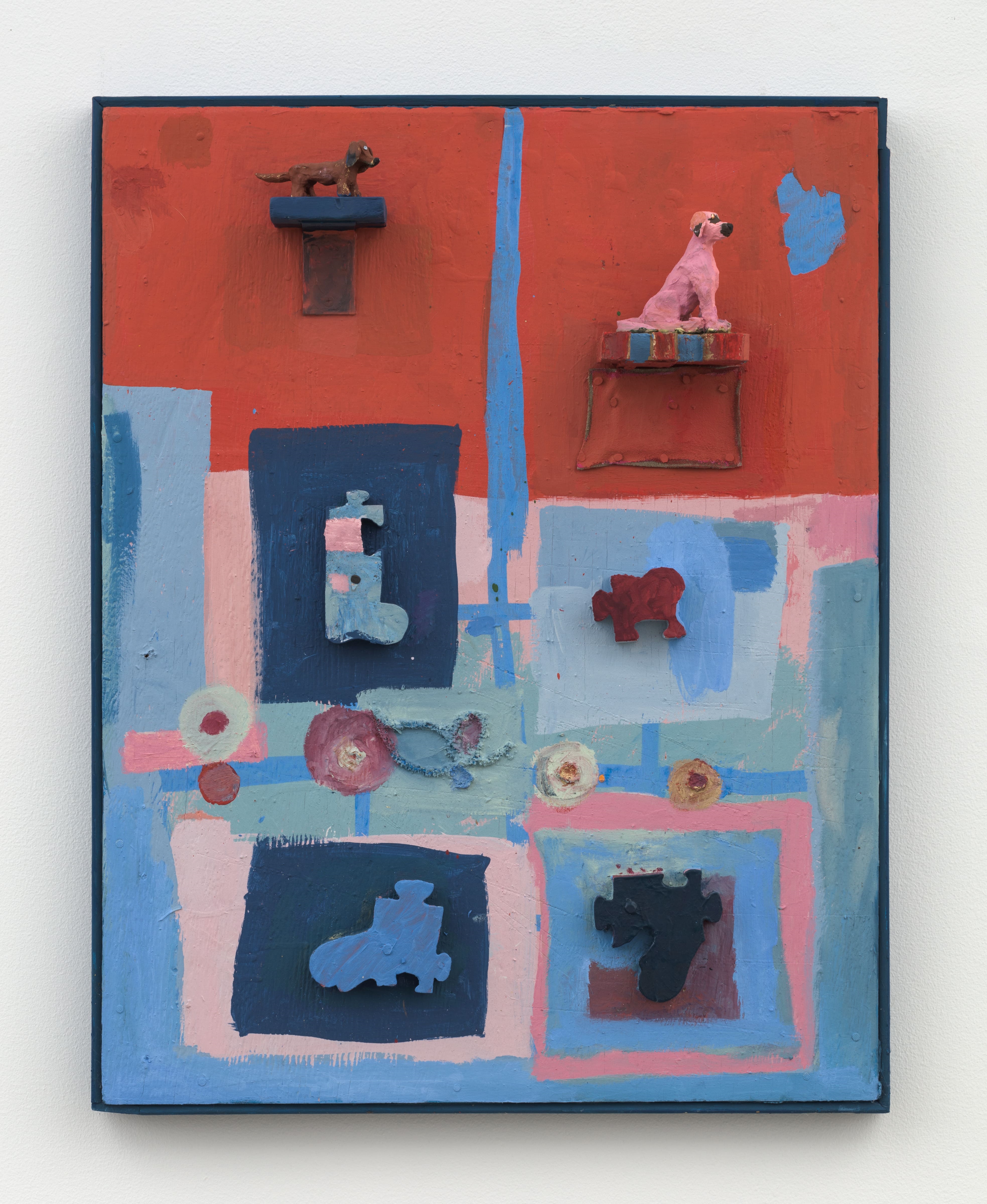 Artwork by Daisy May Sheff, Handlickers From Way Back, Made of Oil on wood panel, suede, pipe cleaners, wood, clay, nails, metal brackets