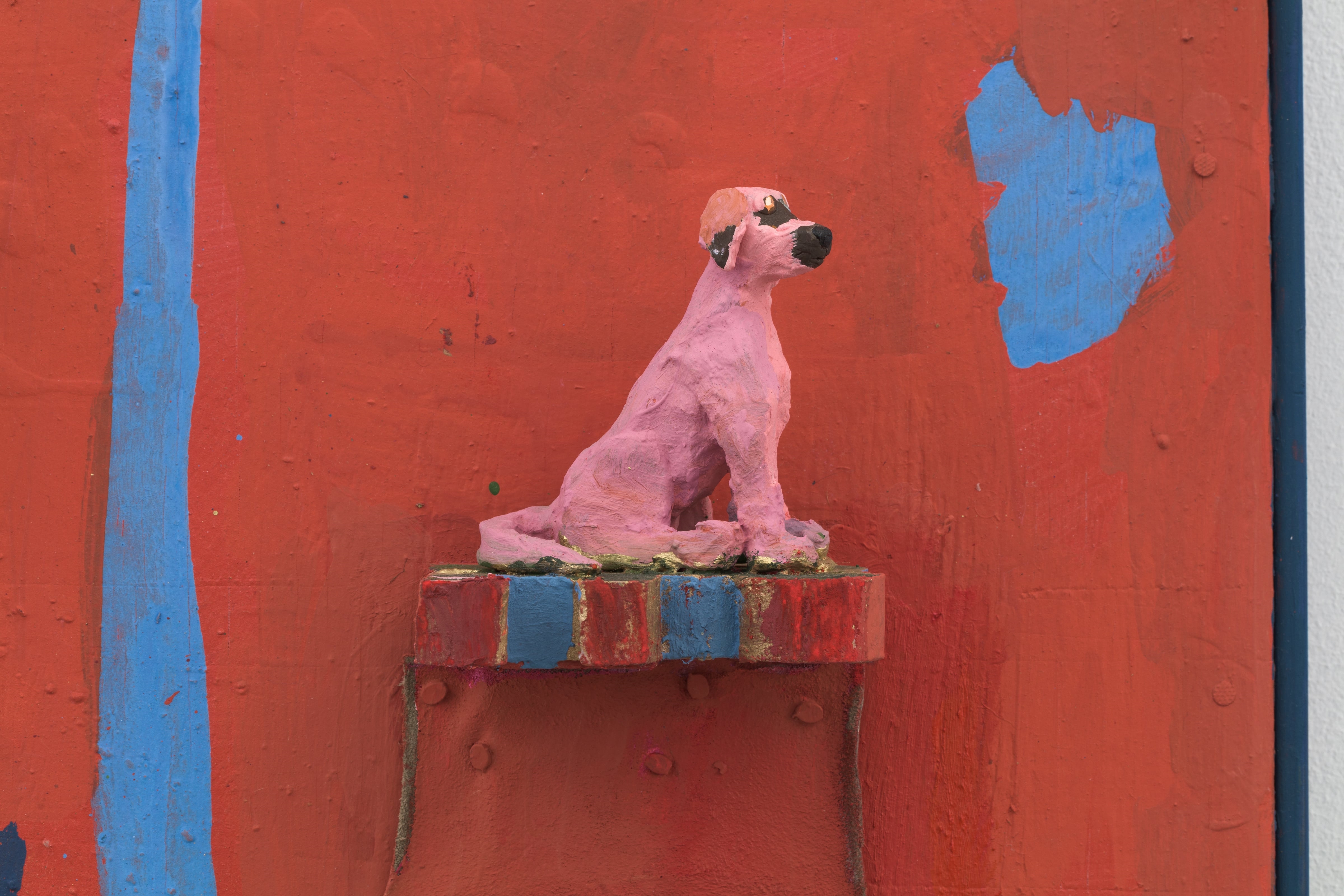 Artwork by Daisy May Sheff, Handlickers From Way Back, Made of Oil on wood panel, suede, pipe cleaners, wood, clay, nails, metal brackets