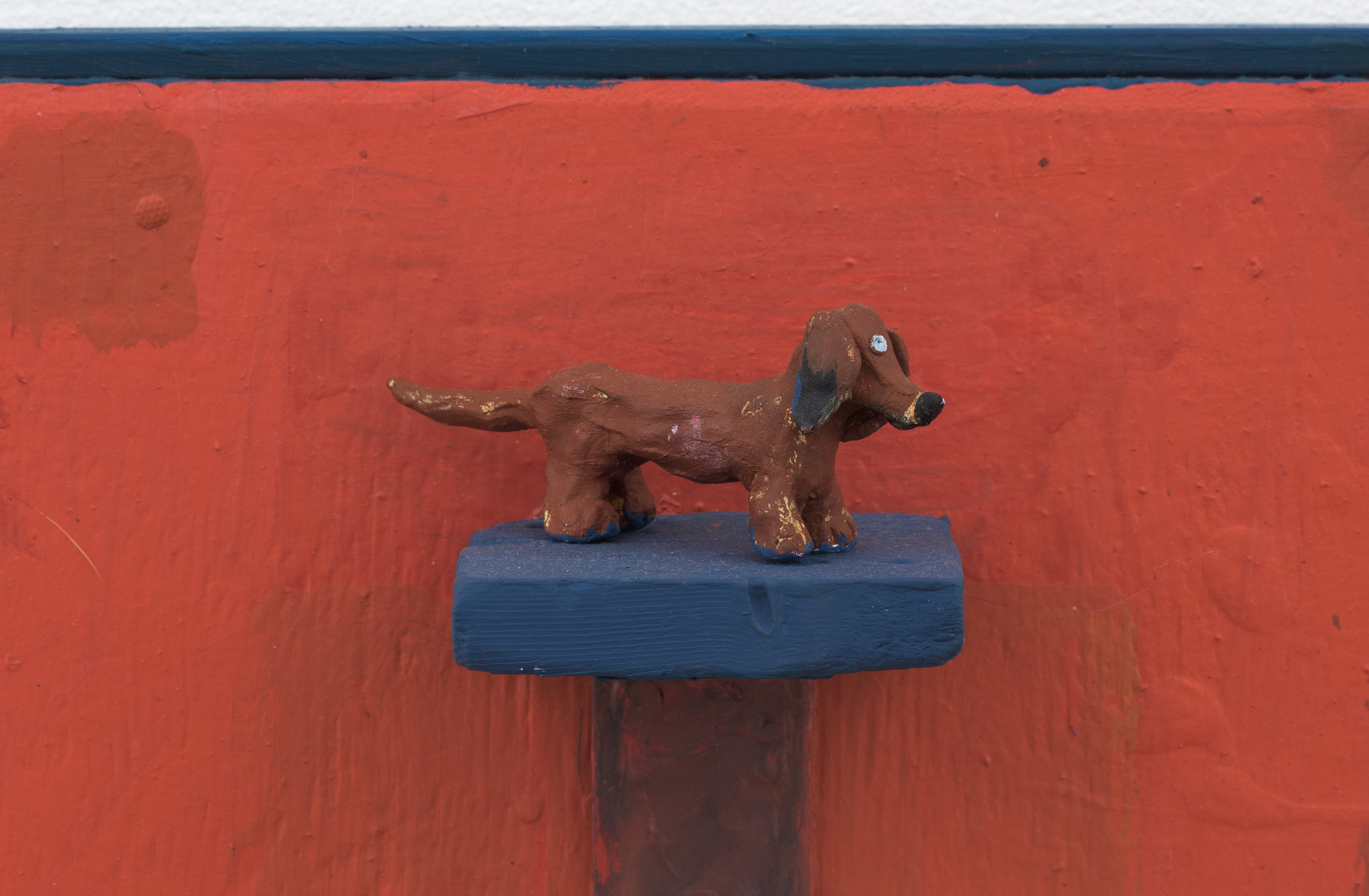 Artwork by Daisy May Sheff, Handlickers From Way Back, Made of Oil on wood panel, suede, pipe cleaners, wood, clay, nails, metal brackets