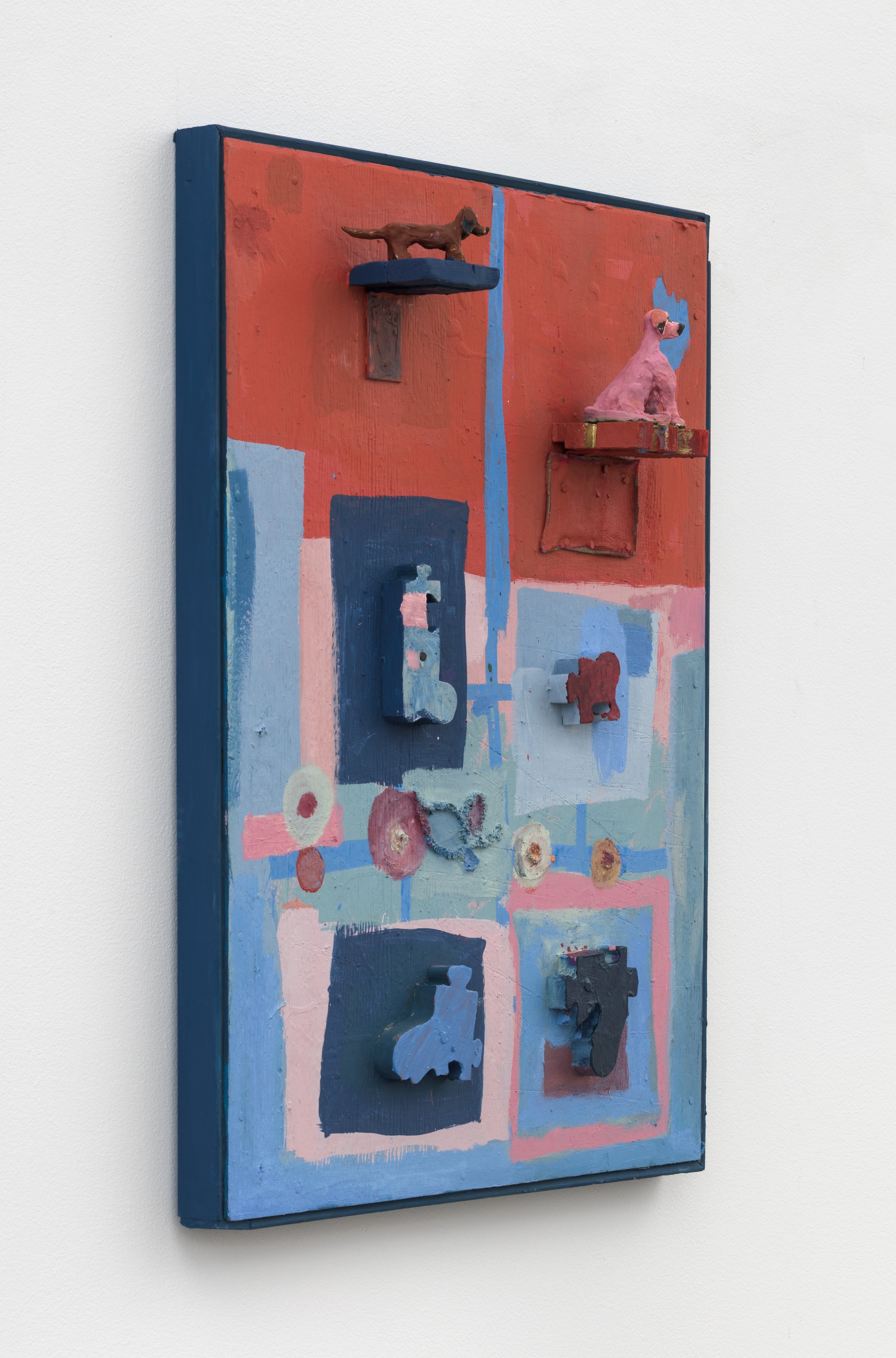 Artwork by Daisy May Sheff, Handlickers From Way Back, Made of Oil on wood panel, suede, pipe cleaners, wood, clay, nails, metal brackets