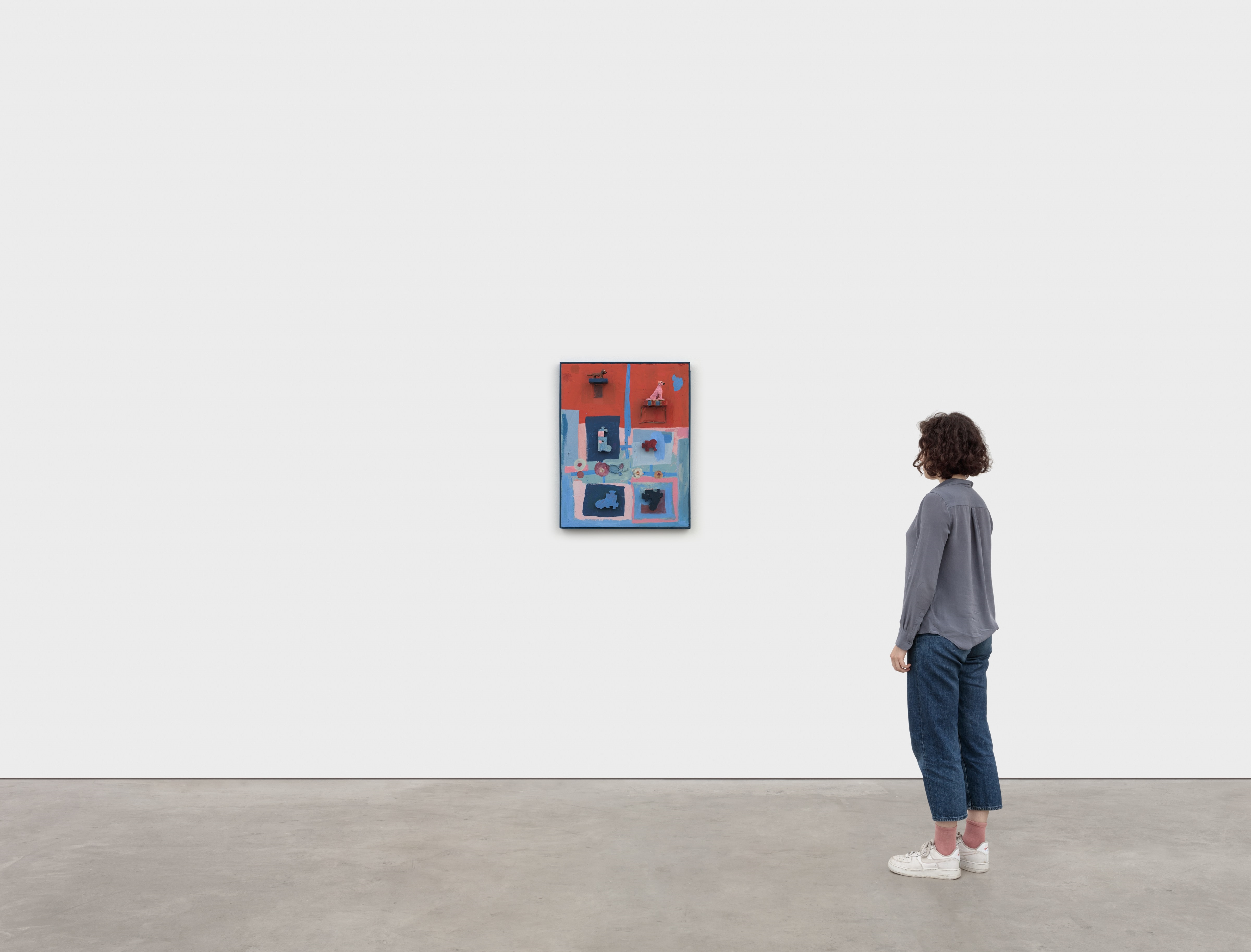 Artwork by Daisy May Sheff, Handlickers From Way Back, Made of Oil on wood panel, suede, pipe cleaners, wood, clay, nails, metal brackets