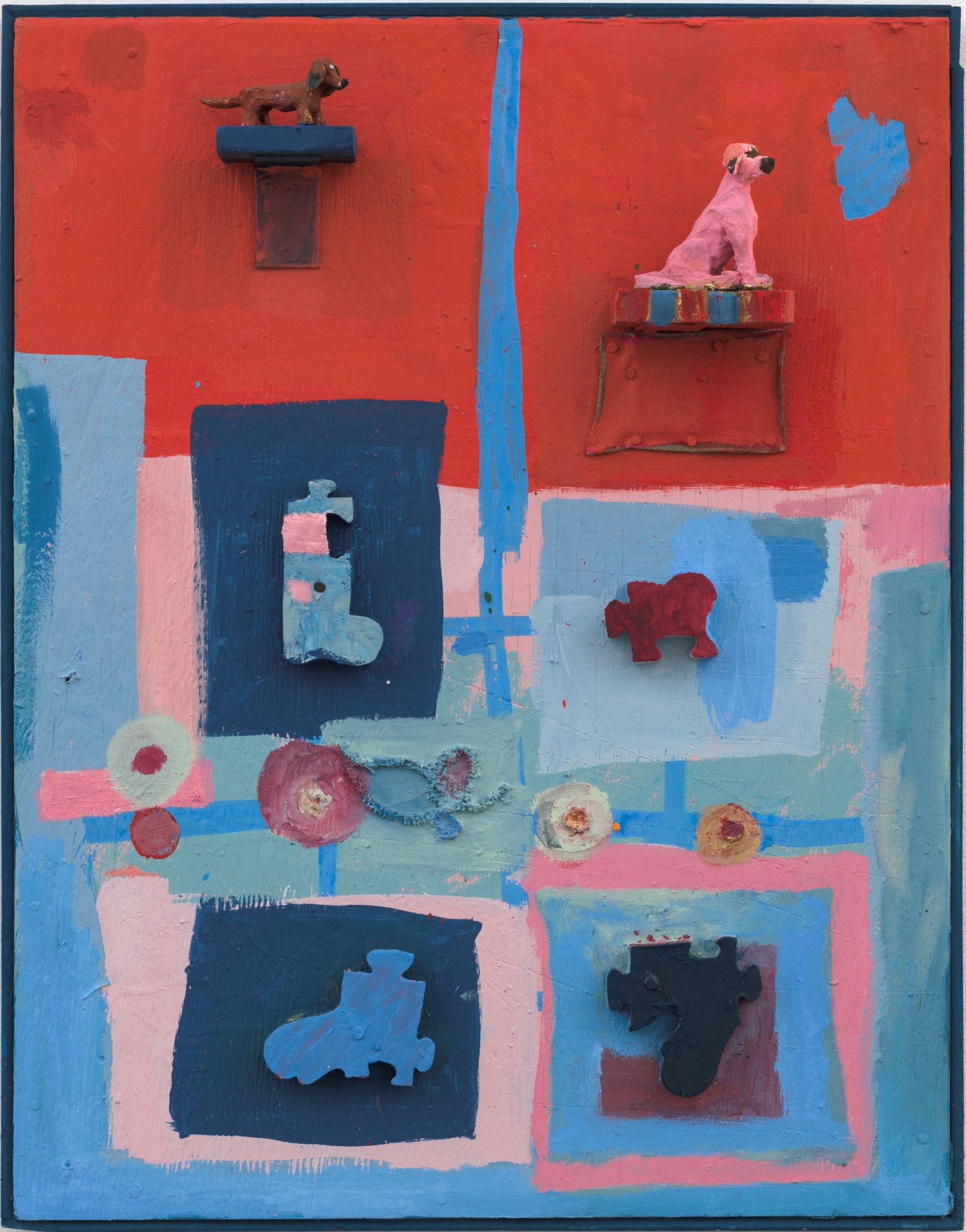 Artwork by Daisy May Sheff, Handlickers From Way Back, Made of Oil on wood panel, suede, pipe cleaners, wood, clay, nails, metal brackets